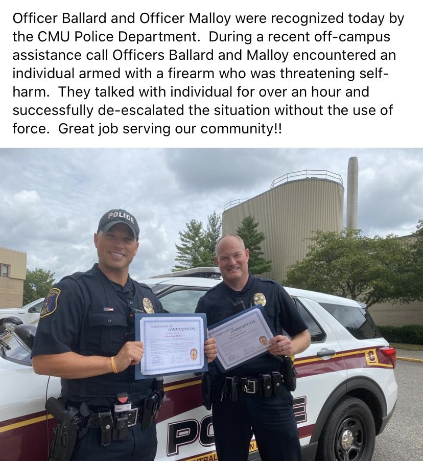 cmupd's tweet photo. Officer Ballard and Malloy were recognized for there service to the community in de-escalating a tense situation.  Great job serving our community!! https://t.co/GnSBENkx6s