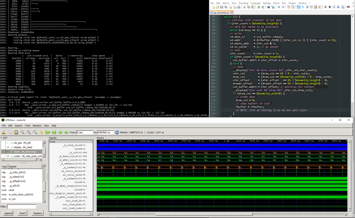 sylefeb's tweet photo. Time to call it a night, a last look at my screen. So much fun! (improving the Doom-chip, testing new column buffering approach in simulation with #icarusverilog + #gtkwave, #yosys running in the background, Silice code on the right). https://t.co/G9gSyIkFZr