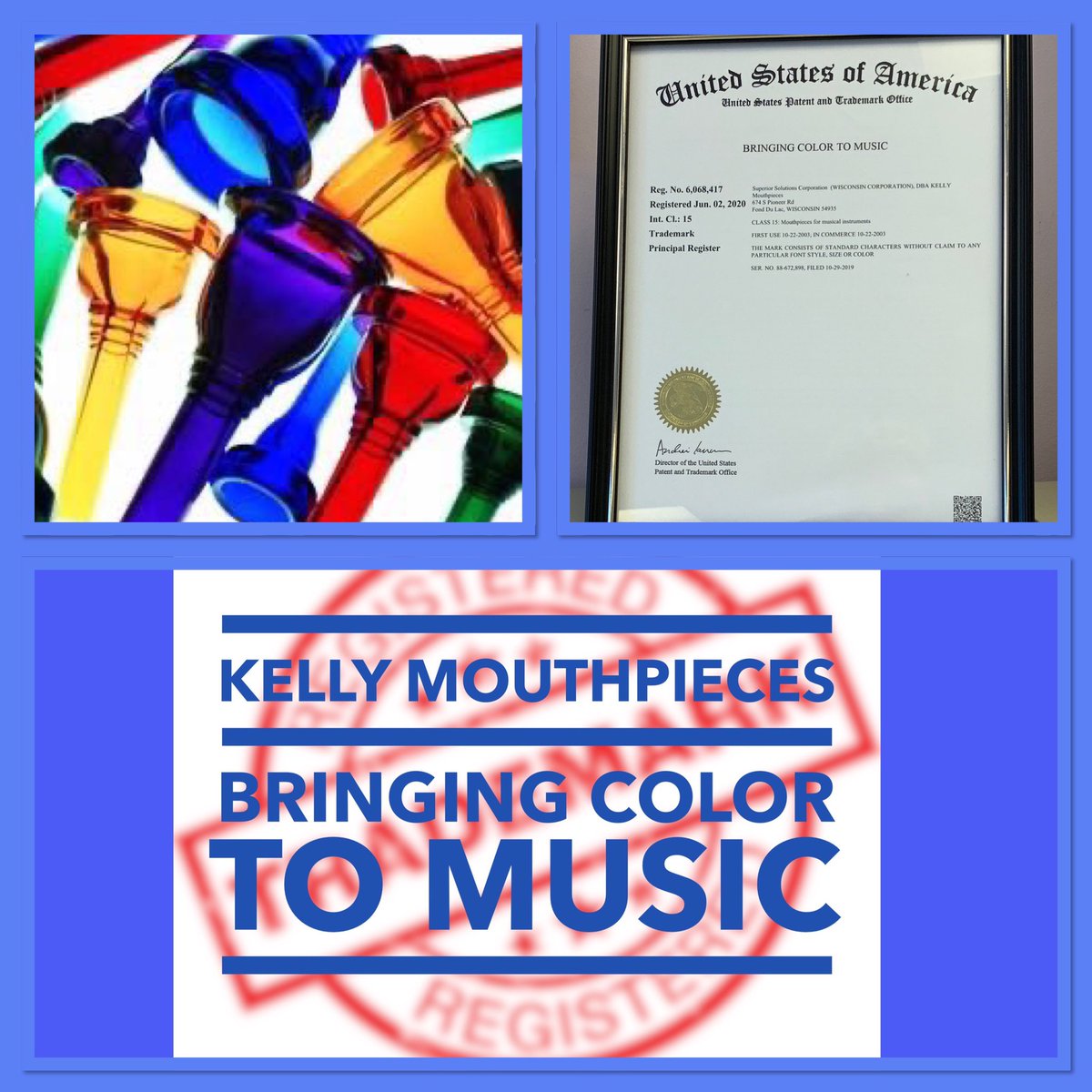 We have a Registered Trademark! 
KellyMouthpieces.com 
#kellymouthpieces #bringingcolortomusic #MADEinUSA #trademark #lexan #polycarbonate #trumpet #kellyscreamer #cornet #frenchhorn #flugelhorn #mellophone #trombone #baritonehorn #euphonium #tuba #sousaphone #kellyberg