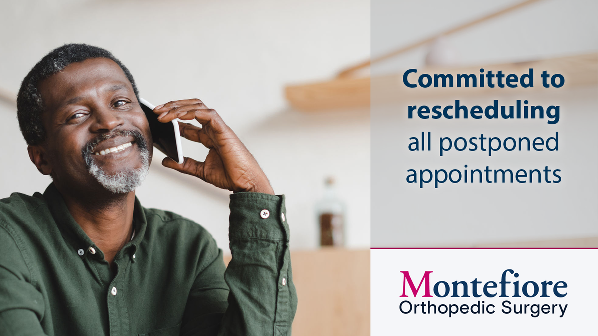 MontefioreOrtho's tweet photo. We're doing everything we can to accommodate all appointments that have been postponed due to #COVID19. We're committed to seeing all our patients to help with their musculoskeletal care. Call 718-920-2060 to schedule your new appointment. 

#orthopedics #nyc https://t.co/8dpSvUIjYc