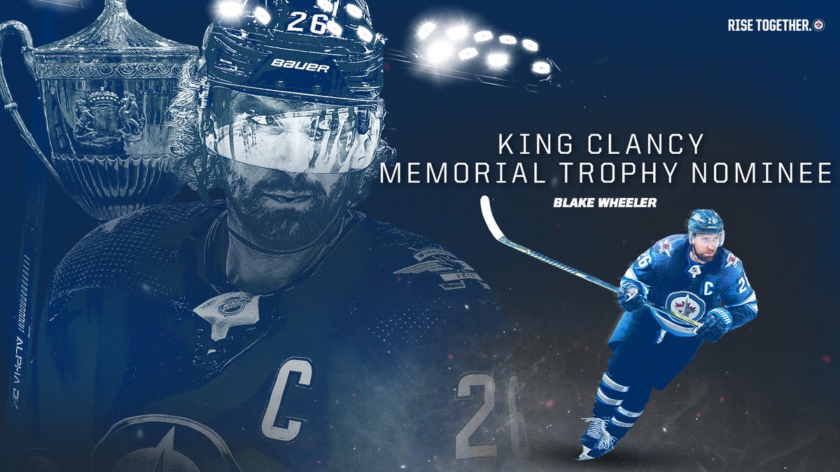 NHLJets's tweet photo. Congrats to Blake Wheeler on his nomination for the King Clancy Memorial Trophy!

The trophy is awarded “to the player who best exemplifies leadership qualities on &amp; off the ice &amp; has made a noteworthy humanitarian contribution in his community."

READ ➡ https://t.co/D4LgHhpnJj https://t.co/wrtERdD19k