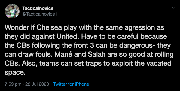 Arteta should think about instructing his forwards to drop either side of Chelsea's pivot to draw a CB out. From there you can work on patterns to exploit the space they vacate.