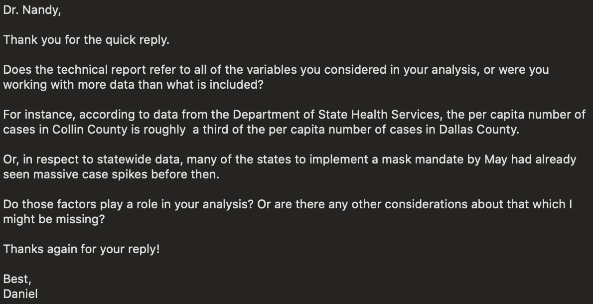 I sent a follow-up email to Dr. Nandy last week and asked if these variables or any others not mentioned in the study were taken into consideration. I have not received a reply yet.