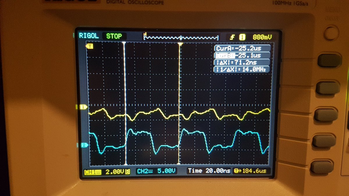  @furrtek Just got around to hooking up the o'scope to the Dolby DA20.Yellow trace is on pin 4 (TTC) of the Reader 1 DSUB25, and is a pulse at 50 KHz.Blue trace is on pin 7 (TSC), and is around 14 MHz. Actually closer to 13.7 MHz.