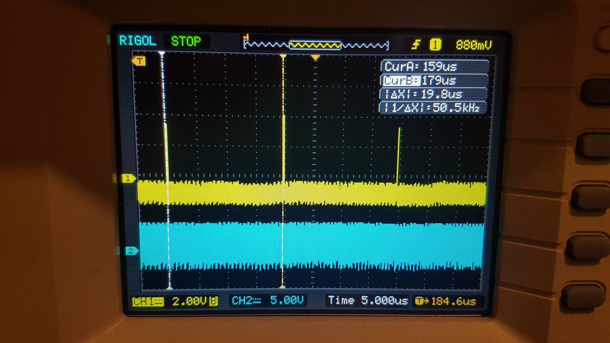  @furrtek Just got around to hooking up the o'scope to the Dolby DA20.Yellow trace is on pin 4 (TTC) of the Reader 1 DSUB25, and is a pulse at 50 KHz.Blue trace is on pin 7 (TSC), and is around 14 MHz. Actually closer to 13.7 MHz.