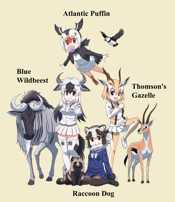 けものフレンズ2の8話より、オーディション受けたり観客だったりしてた子たち。ストーリー自体にはそんなに絡んでないんですが、個人的には結構好きな面々なのでもっと見たかったですね～。
#けものフレンズ #フレンズ化前と並べてみました 