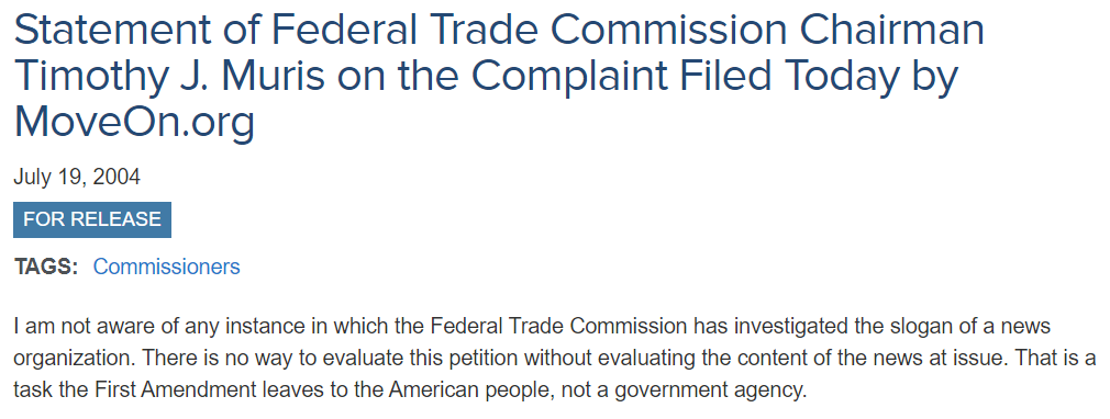 Regulators can't police whether social media networks are "fair and balanced" any more than they could police Fox News or any other traditional media outletRepublicans used to be the ones explaining this to Democrats! https://www.ftc.gov/news-events/press-releases/2004/07/statement-federal-trade-commission-chairman-timothy-j-muris