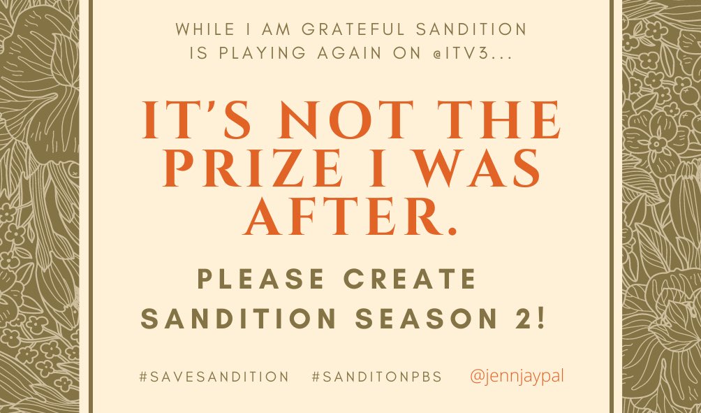 jennjaypal's tweet photo. It's #SanditionAtSeven! Thank you @itvhub/@ITV for airing @sandition again! However, it's not the prize we are after!
Please bring back #sandition for #SanditionSeason2!
@pbs
@masterpiecepbs
@primevideouk
@RedPlanetTV
@SanditonSpecial
#SanditonPBS 
#SaveSanditon 
@PrimeVideo https://t.co/hvPtSWUaCf