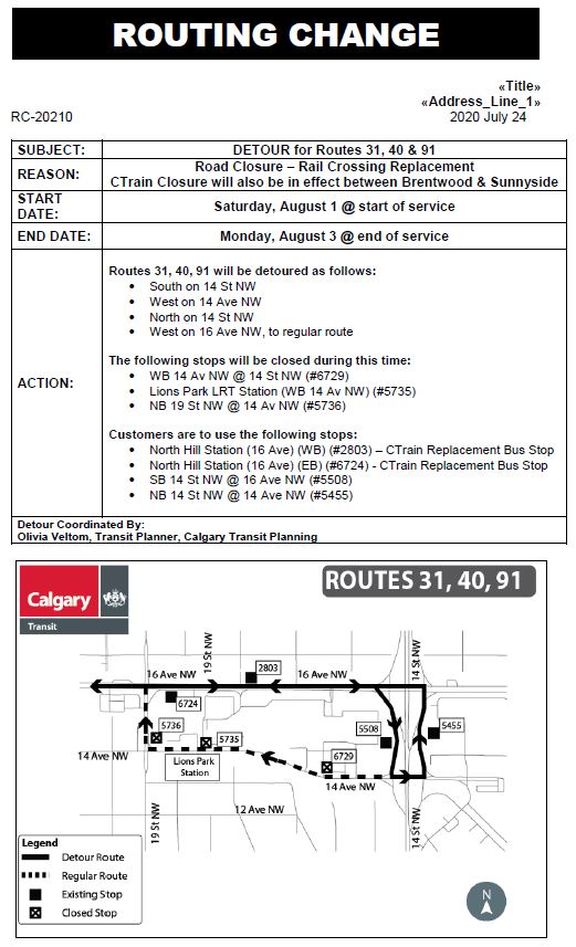 calgarytransit's tweet photo. #CTRiders Between Saturday Aug 1, start of service and Monday Aug 3 end of service. Detours will be in place for #Route19 #Route31 #Route40 #Route91 #Route105 #Route404 #Route414 to accommodate the road closure on 14 Ave. https://t.co/s1FzOPd4bQ