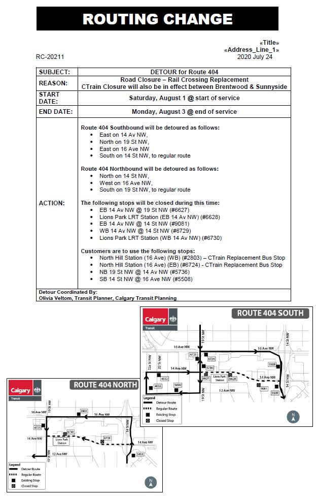 calgarytransit's tweet photo. #CTRiders Between Saturday Aug 1, start of service and Monday Aug 3 end of service. Detours will be in place for #Route19 #Route31 #Route40 #Route91 #Route105 #Route404 #Route414 to accommodate the road closure on 14 Ave. https://t.co/s1FzOPd4bQ