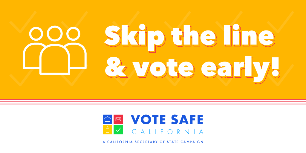 CASOSVote's tweet photo. This November keep voting locations safe for voters and election workers! You can skip the line by turning in your completed vote-by-mail ballot, vote early at an early voting location, &amp; follow safety procedures. Learn more at https://t.co/0bla3RZWhe #VoteSafeCA #VoteCalifornia https://t.co/A96EsBnor9