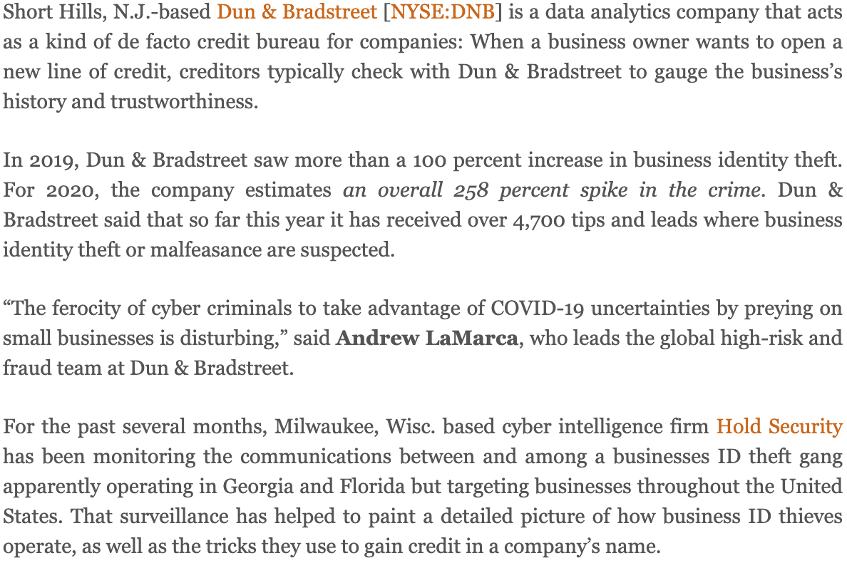 briankrebs's tweet photo. It's bad enough that many businesses have closed or are struggling in this pandemic: Business identity theft is soaring as crooks enjoy a target-rich environment of dormant small businesses w/ which to run up credit debts https://t.co/u5EilSHzed https://t.co/FfvYU6unu7