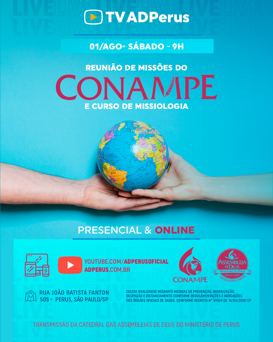 adperusoficial's tweet photo. Amanhã ás 9h da manhã teremos a "Reunião de Missões & Curso de Missiologia" presencial e online. Contamos com a sua participação!!
📺https://t.co/12iP28jvXh
📱https://t.co/A21d7bVxmr
📱https://t.co/amI8h1zsHV
#ADPerus #Conampe #EuFaçoMissões https://t.co/9eq4yvR75f