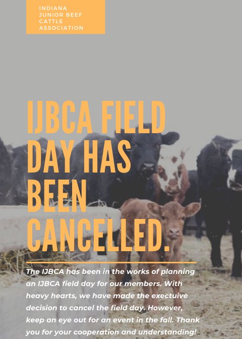 IJBCA's tweet photo. The IJBCA field day has been cancelled. We want to put the health and safety of our members as our first priority, and with shut downs of facilities, we have made the decision to cancel the field day. Be on the lookout in the fall as we are wanting to hold an event later! https://t.co/f0gmNIO6Wn