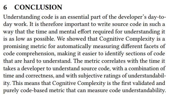 GAnnCampbell's tweet photo. @MarvinWyrich et al found that #CognitiveComplexity is
"the first validated and
purely code-based metric that can measure code understandability"
😃🔥 https://t.co/vaZt20fGZ1