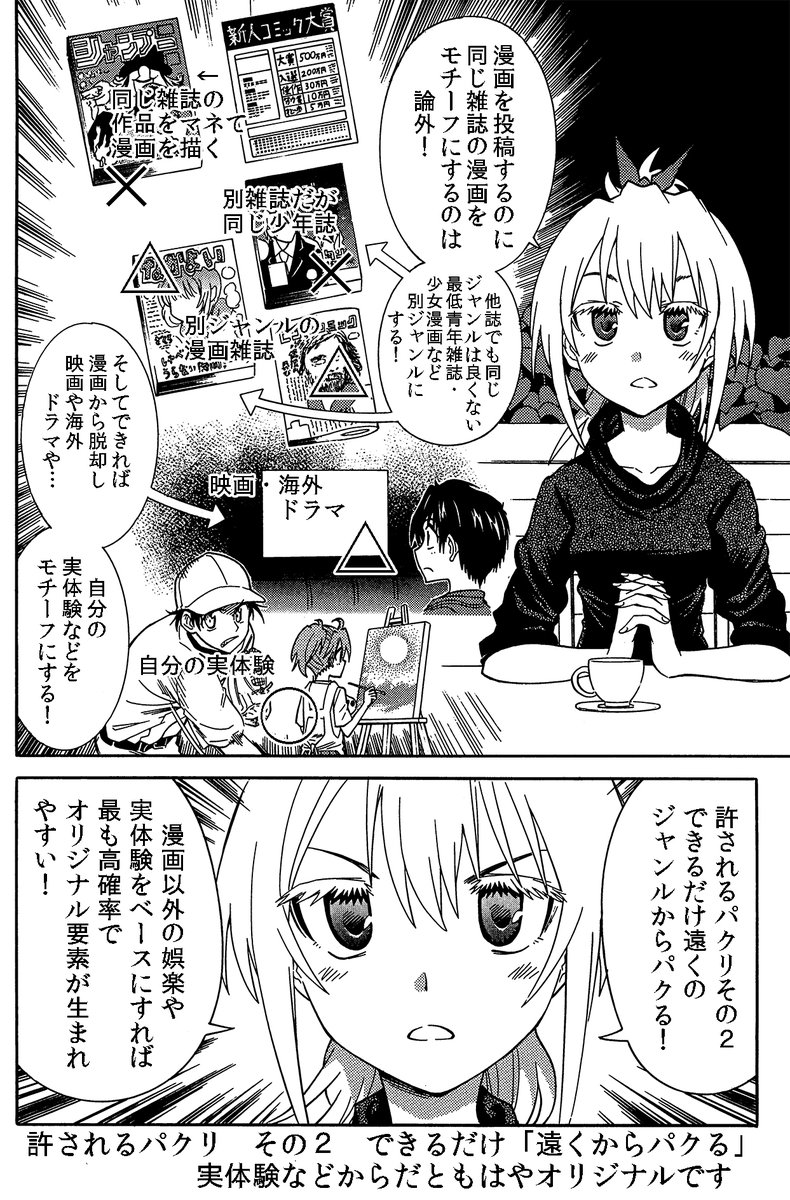 パクリをモチーフへ昇華させる方法
・近所から持ってくるのは避ける
・遠くのものの王道をマネる
・画力を高める
・作品を観まくる
・実体験を参考にする
……などです 漫画家志望さんは是非参考にどうぞ