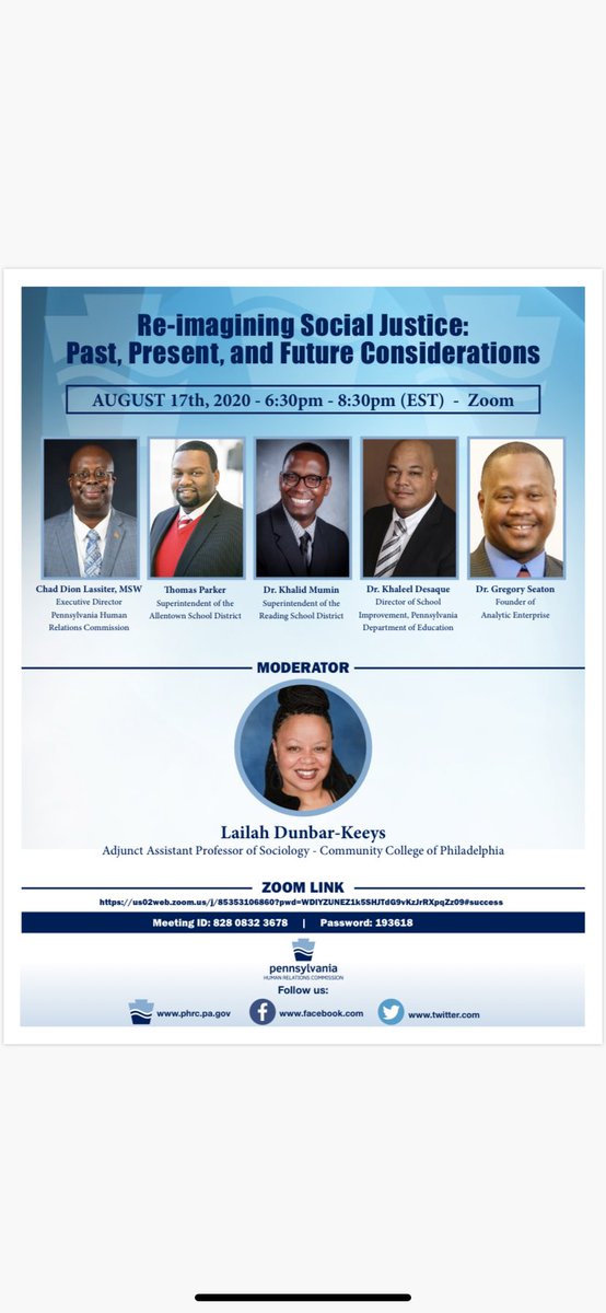 Kdesaque1's tweet photo. Excited to join @Chadlassiter @drmuminrsd @ThomasParkerASD @GregSeaton on August 17 to discuss Social Justice. Hope you will tune in. Please retweet. Thank you to @PA_HumRelComm for convening. https://t.co/XKU5IqLMr0