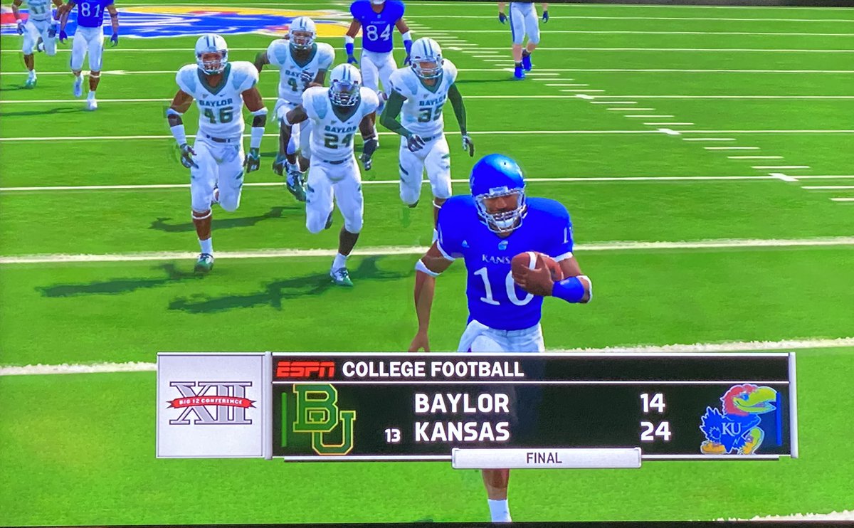 CoachNLuke's tweet photo. Not pretty, but it’s a win! @KU_Football defeats @BUFootball 24-14! Coach Luke stated after the game, “We will be making changes to our offense and will become a run first team!” @BarstoolKU @boogerncaa @ChrisNcaa https://t.co/n6jGhYs7ek