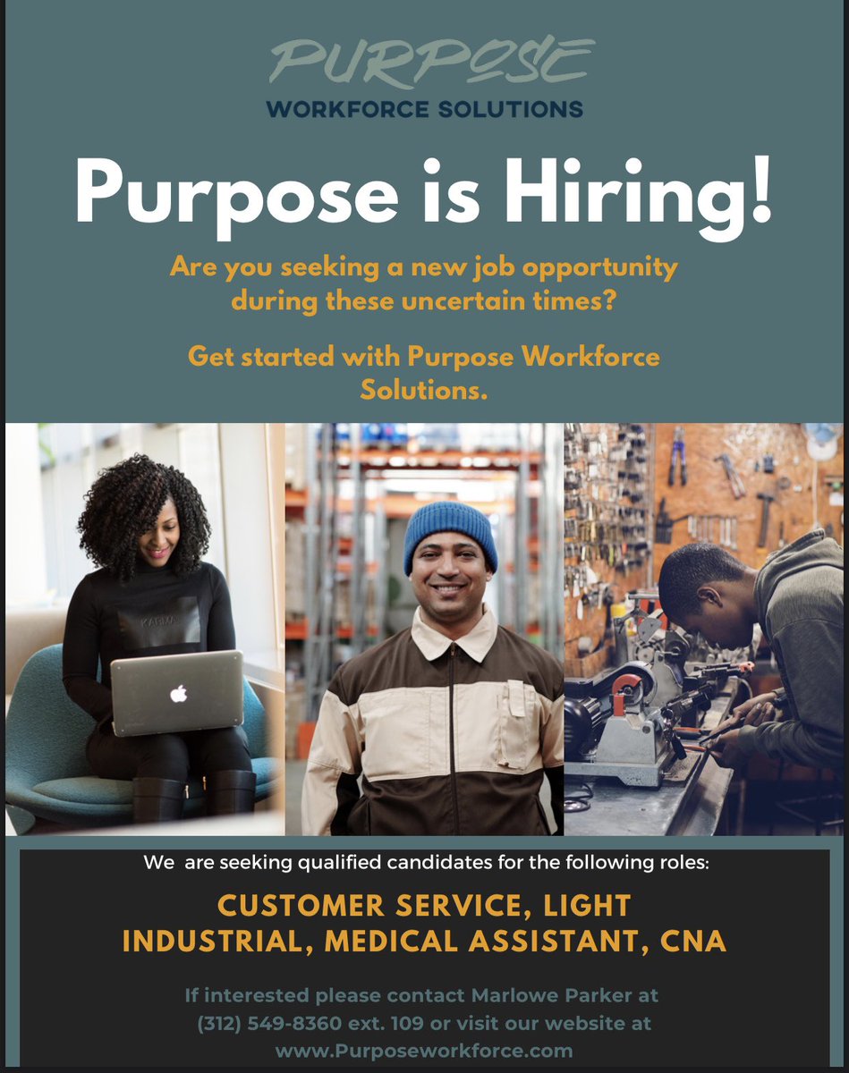 purposework4ce's tweet photo. If you’re seeking a new job opportunity, Purpose Workforce Solutions may be the place for you! Apply for one of our current openings by visiting our website today. Let us help you reach your Purpose. #chicagojobs #chicagoyouth #jobreadiness https://t.co/XJiaR6hPCl