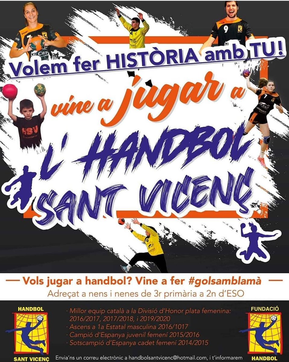 HandbolStVicenc's tweet photo. Vols jugar a handbol? Vine a fer gols amb la mà

Adreçat a nens i nenes de 3r primària a 2n d’ESO

Volem fer història amb tu! Vine a jugar a l'#HSV

Envia’ns un @ a handbolsantvicenc@hotmail.com i t’informarem de les promocions per a nous/noves jugadors/es #santvicençdelshorts https://t.co/tLKXCWs6S2