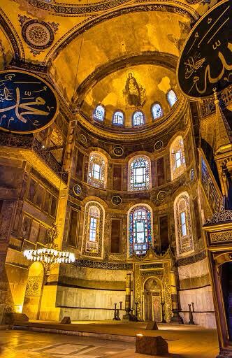Around the mid 1400s, Constantinople fell and was captured by Moslem forces of the Ottoman Empire. Hagia Sophia was looted and ordered turned into a mosque. Several minarets were added over the centuries and adaptations made in the interior to accommodate Moslem worship.