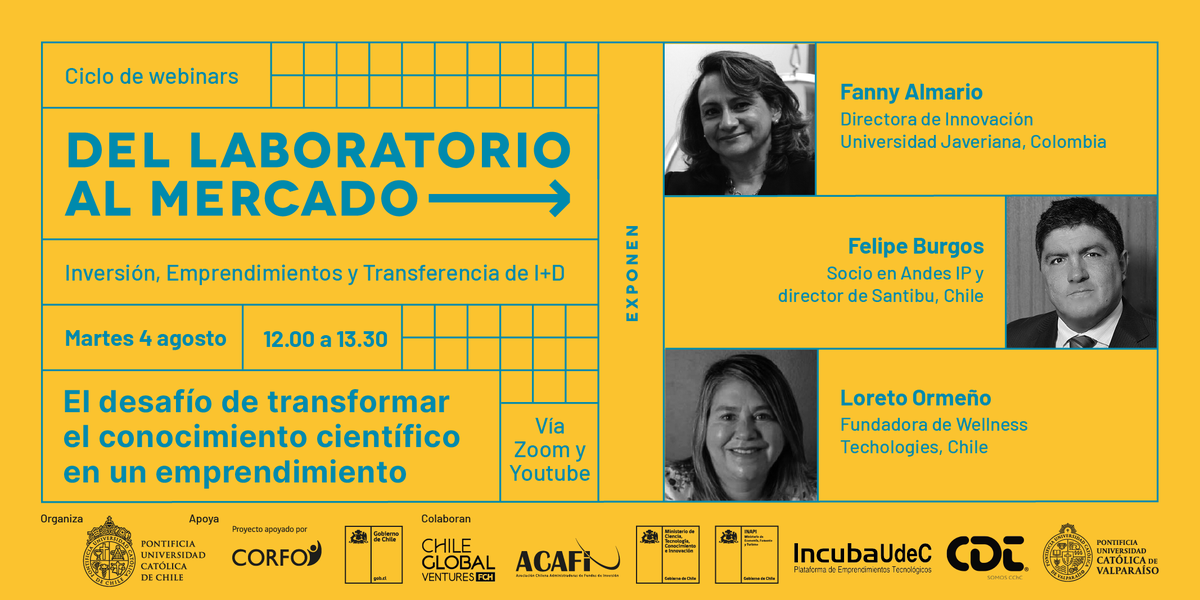 TransferenciaUC's tweet photo. Inscripciones abiertas! Martes 4 de agosto #webinargratis junto a Fanny Almario de @UniJaveriana; el abogado @burgososorio y Loreto Ormeño, emprendedora que desarrolla #Lacte5 probiótico de leche materna humana. Modera @AlvaroOssaD cc: @Corfo @min_ciencia
https://t.co/TtIiuKptln https://t.co/F1LDliwpk3