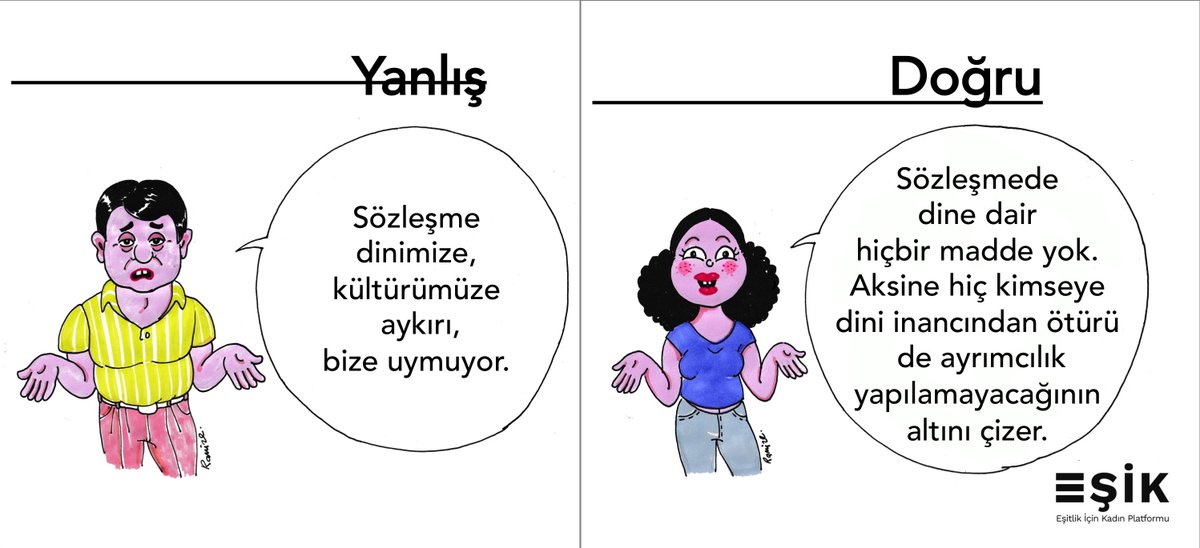 Sözleşme’de dine dair doğrudan hiçbir madde yoktur! Tam tersine 4. Maddesinde; hiç kimseye dini inancından ötürü ayrımcılık yapılamayacağı gibi gelenek, görenek, kültürün bir ayrımcılık sebebi olamayacağını söyler!
#İstanbulSözlesmesiYasatır
#İstanbulSözleşmesiniUygula