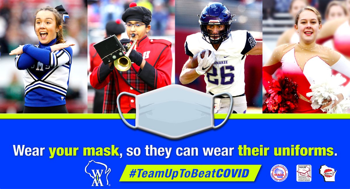 wiaawi's tweet photo. We're all in this together. Do your part to help slow the spread of COVID-19 in your community. 

Wear your mask, so they can wear their uniforms. ⚽️📣🏀🥁⚾️ #TeamUpToBeatCOVID https://t.co/ajAUVzCTaU