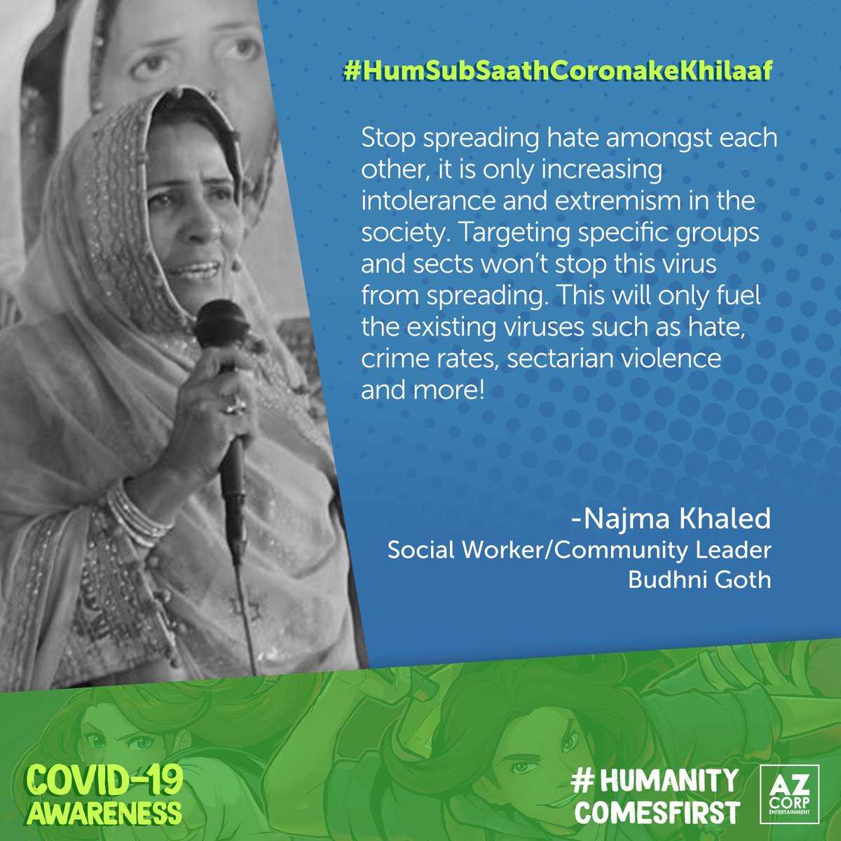 AzCorpComics's tweet photo. By spreading positivity and supporting others, we can get through all viruses! Najma Khaled sends a very important message and urges us to look passed one's ethnicity, faith and religion. #HumSubSaathCoronaKeKhilaaf https://t.co/kz9CMpIePU