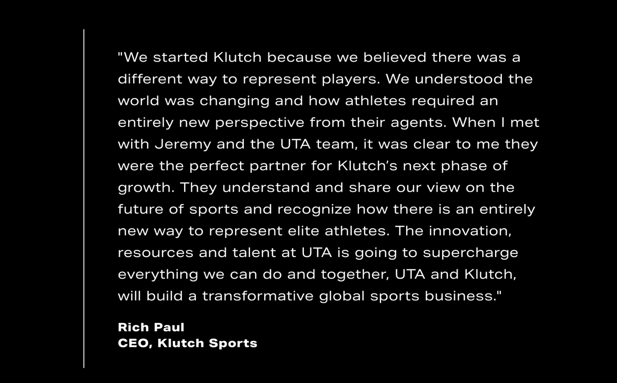 8/ In 2019, UTA made a significant investment in Klutch. This led to the launch of UTA Sports - a group led by Paul.UTA Sports has since expanded to represent football and baseball players.