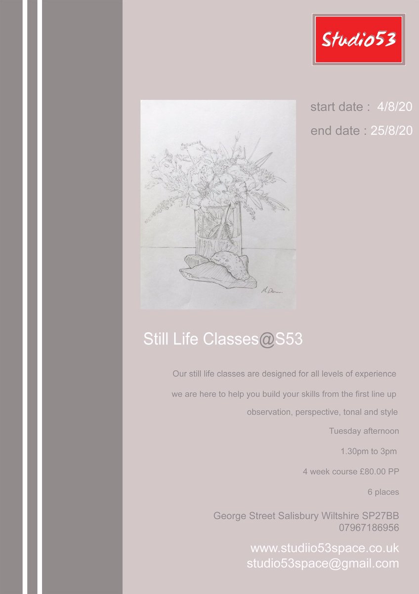 studio53space's tweet photo. A distance of 1.5 meter will be given between each patron.

Still Life Drawing
Tuesday 4th – 11th – 18th—25th August, classes from 1.30pm to 3pm - 6  x chairs  available https://t.co/InW9nV3lap