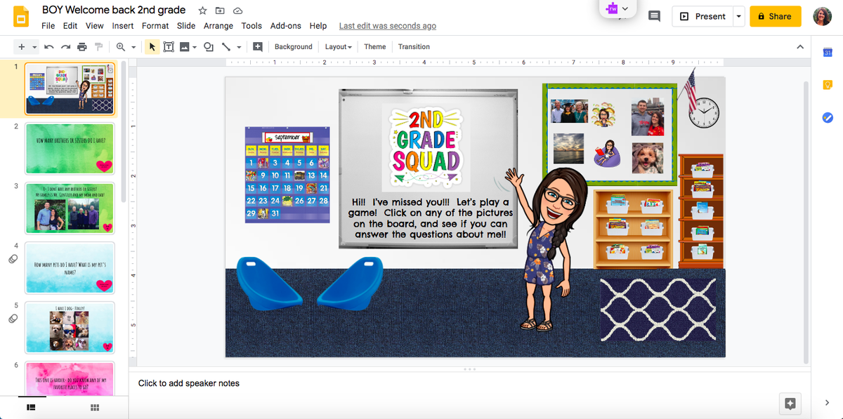 MrsGentzlerFCPS's tweet photo. Back at it! Thanks @FCPSmsmyersEL and @_swelks for creating the #distancelearningandbeyond course! I used our first module to create a "Meet the Teacher" slideshow for my new 1st graders, and a "Welcome Back" game for my returning group, who are now 2nd graders! #starpower https://t.co/RSh9MzfJfV