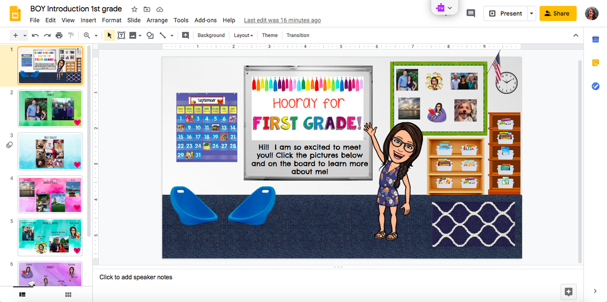 MrsGentzlerFCPS's tweet photo. Back at it! Thanks @FCPSmsmyersEL and @_swelks for creating the #distancelearningandbeyond course! I used our first module to create a "Meet the Teacher" slideshow for my new 1st graders, and a "Welcome Back" game for my returning group, who are now 2nd graders! #starpower https://t.co/RSh9MzfJfV