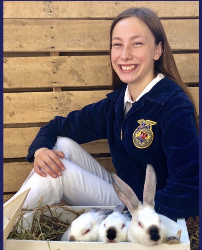 Hi my name is Jade Daniel and I am excited to serve as the 20-21 River Valley FFA Vice President.  I am a member of the Vet Tech Team and my SAE project is raising rabbits.  I also love to babysit, foster animals and go thrifting.