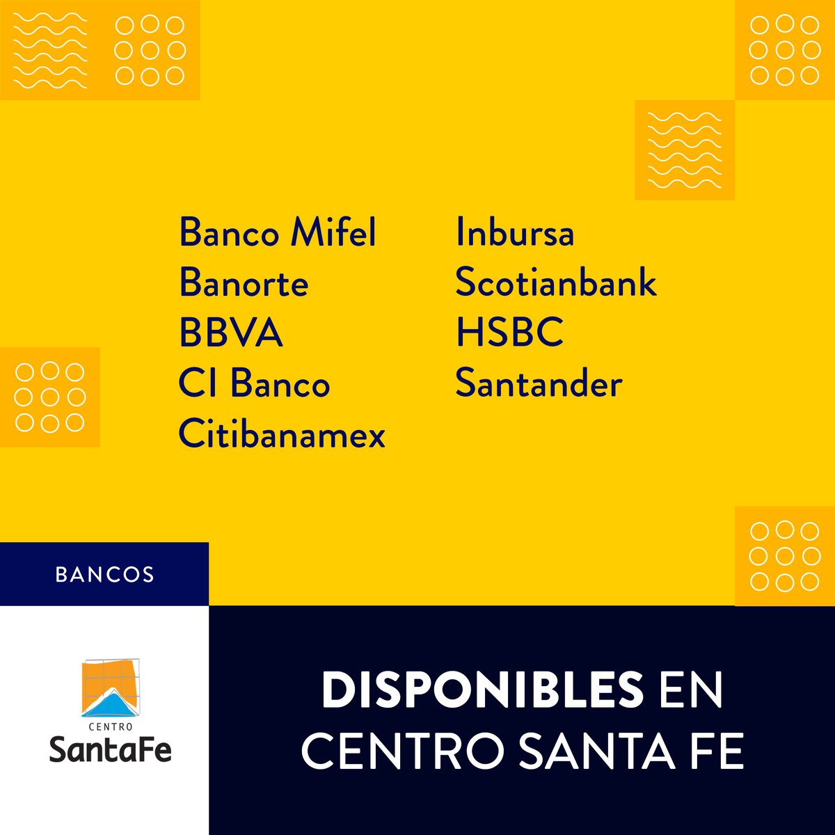 🏦 ¡Recuerda que los bancos se encuentran operando en Centro Santa Fe! 🏦 

Si nos visitas, no olvides tomar en cuenta nuestras medidas de seguridad.

🔗 centrosantafe.com.mx/pages/estamos-…