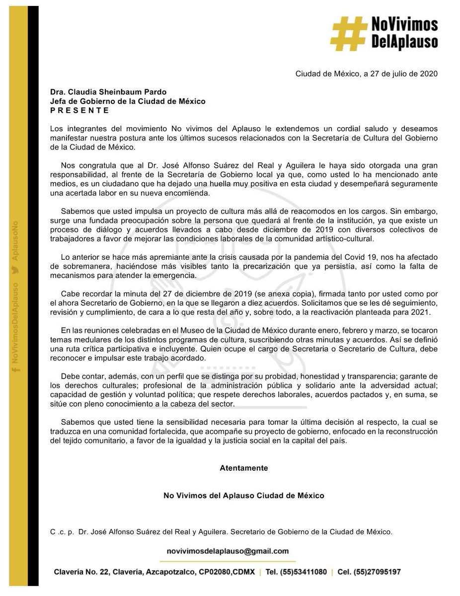 AplausoNo's tweet photo. Dra: @Claudiashein 
P R E S E N T E

Los integrantes del movimiento @AplausoNo deseamos manifestar nuestra postura ante los sucesos relacionados con @CulturaCiudadMx @SuarezdelReal1  y el @GobCDMX 

(Se abre hilo) 👇👇👇 https://t.co/pKhoRUCyRH