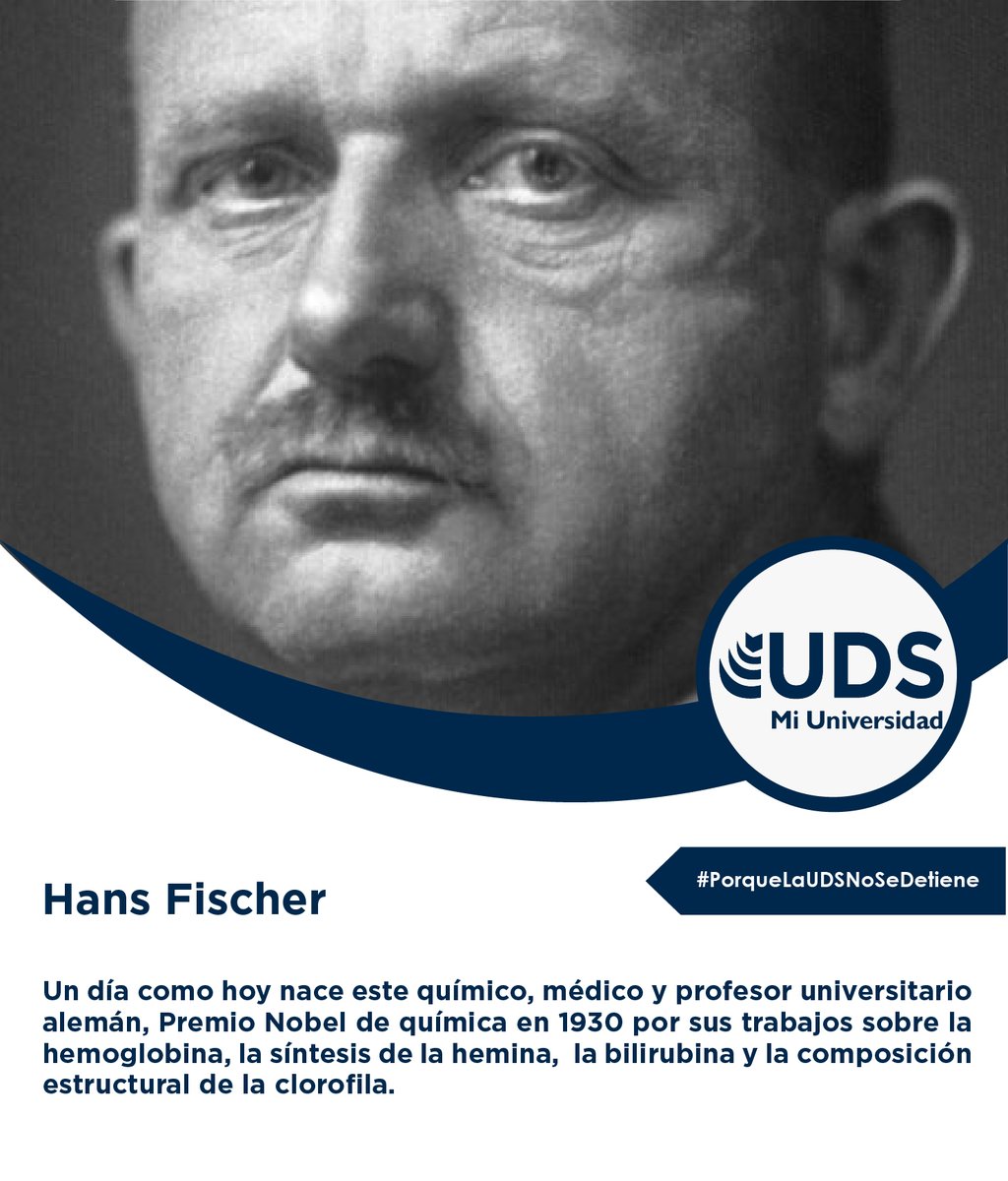 #PorqueLaUDSNoSeDetiene 🐾💙

Un día como hoy nace Hans Fischer, Premio Nobel de química en 1930 por sus trabajos sobre la hemoglobina, la síntesis de la hemina,  la bilirubina y la composición estructural de la clorofila. 🧪🩸

#UDSMiUniversidad #Educación