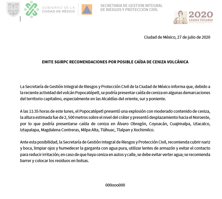 Este lunes, el Popocatépetl presentó una explosión con moderado contenido de ceniza volcánica, mismo que podría caer en algunas demarcaciones de la Ciudad de México.

Sigue las recomendaciones y mantente informado. Recuerda que #LaPrevenciónEsNuestraFuerza