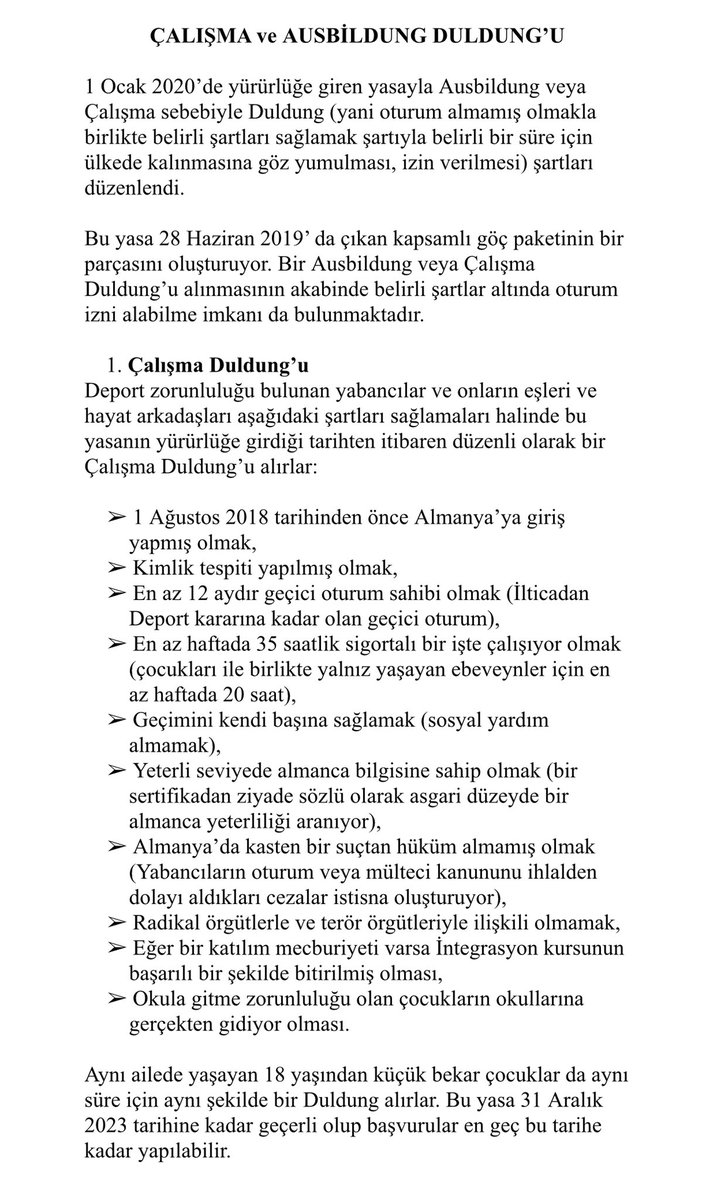 Aktion_Fh's tweet photo. Almanya'da 1 Ocak 2020 tarihinde yürürlüğe giren Göç Yasası ile çalışma ve iş eğitimi sayesinde müsamaha hakkı (oturum olmamakla birlikte ülkede kalınmasına göz yumulması hakkı) alabilme şartları düzenlendi. https://t.co/D1NynS6Njy