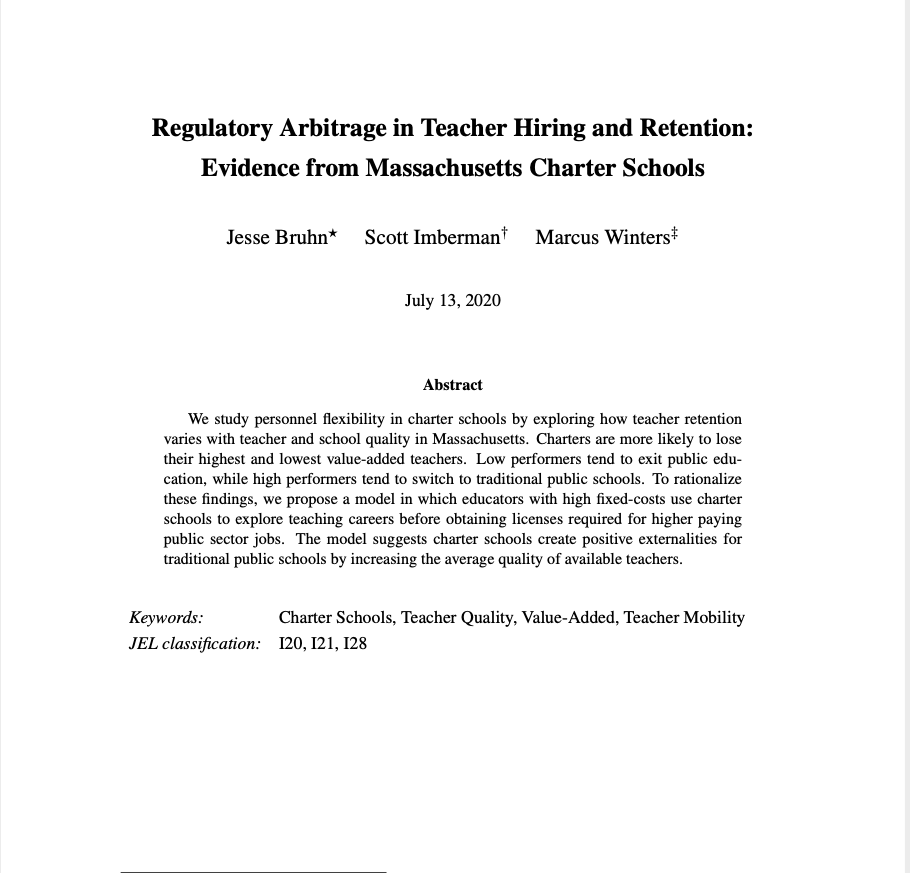 In this paper,  @imbernomics,  @MarcusAWinters and I show that there is little support for this story empirically. Instead, we find attrition patterns that suggest some teachers use charters to explore teaching careers without incurring fixed costs associated with licensure. 3/N