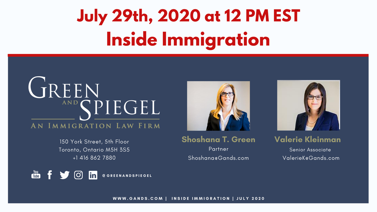 GreenAndSpiegel's tweet photo. Join Partner @shoshgreen and Senior Associate @v_kleinman for the latest edition of Inside Immigration. This webinar will provide an overview of the latest developments on #CanadianImmigration amid #COVID19. Spaces are limited so reserve your spot today. https://t.co/sMZP0Htlk9 https://t.co/AjjlwmzUHp