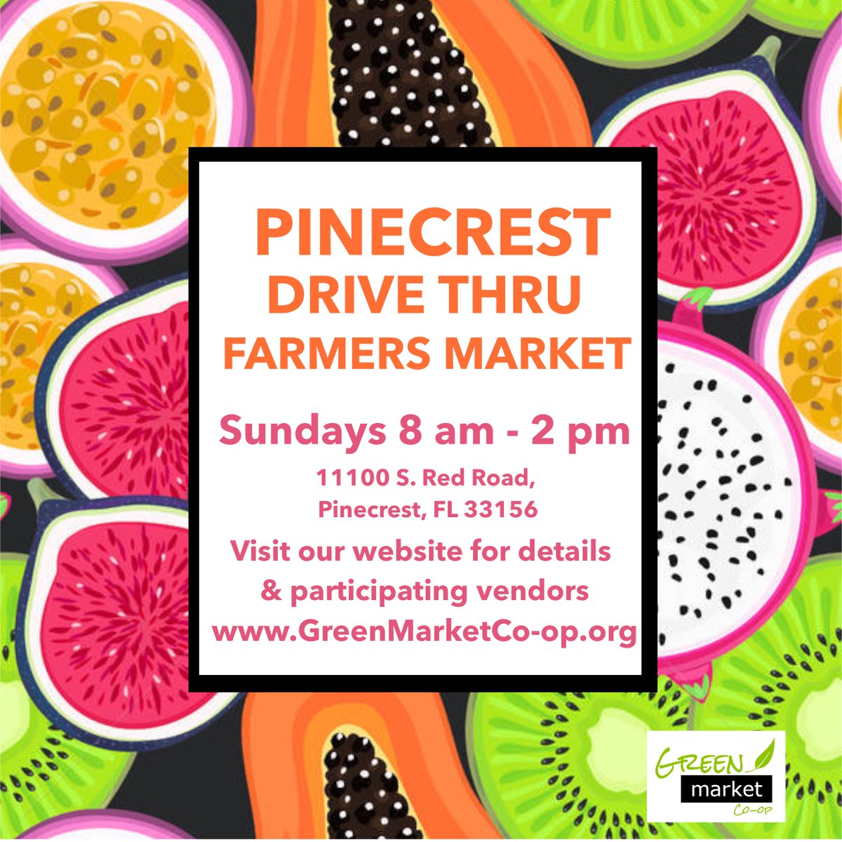 GreenMarket_FL's tweet photo. Pinecrest Drive Thru Farmers Market
Sunday’s 8am - 2pm
https://t.co/O2Qm4GWaBA 
 
FACE COVERING REQUIRED
CASH NOT ACCEPTED
MUST STAY IN YOUR VEHICLES

#pinecrestfarmersmarket
#pinecrestgardens
#pinecresting
#greenmarketcoop https://t.co/0gy6KeQlY0