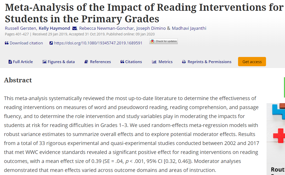 'Meta-Analysis of Impact of Reading Interventions for Students in the Primary Grades' - review of 33 studies, mean effect size +0.39: bit.ly/3g0oRQ3 
(Via Best Evidence in Brief: bit.ly/2ZU47E6)