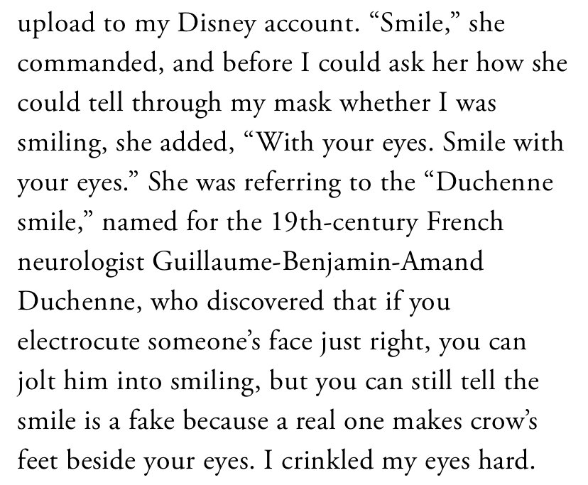This especially: referring a smile for a photograph behind a mask to an electrocutive procedure for a neurotrigger into a smile that is not genuine.