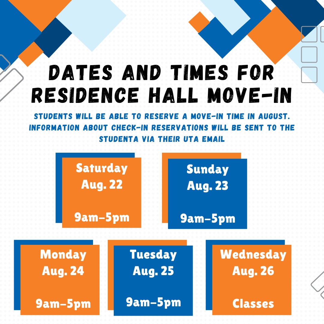 UTAHousing's tweet photo. Hello new Mavericks! Move-In is quickly approaching! Students will receive an email during the first week of August about move-in day and time reservations in an effort to maintain social distancing. #MAVMOVEIN https://t.co/NHx0fMIbF8