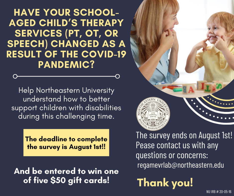 regamevr's tweet photo. Our survey about the impact of the pandemic on therapy services for children with disabilities is ending on August 1st! Complete it before then for a chance to win a giftcard!https://t.co/lG3otzWbJ7 https://t.co/vifYKdB7mt