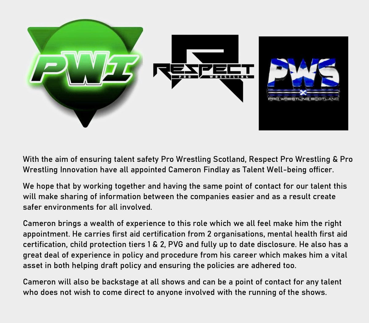 camfind13's tweet photo. Excited to be appointed for all three promotions , start as we mean to go on , @respectprowres1 @ProWrestlingIn2 @ProWresScotland  #NEWbeginings https://t.co/SprdAIdWCV
