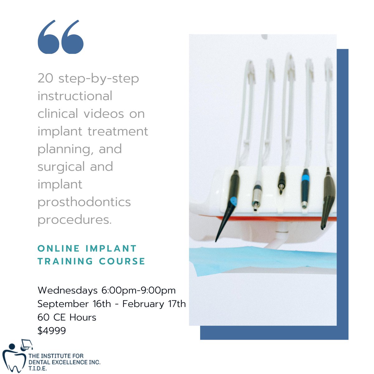 TIDE4Teeth's tweet photo. Our Comprehensive Online Basic and Intermediate Implant Training Course includes step-by-step instructional videos to aid your learning. Call or visit the link in our bio to register today!

1-844-394-3317

https://t.co/YHKOI0ZUQc https://t.co/5nmcdRVXQR