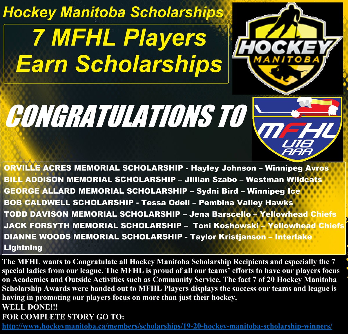 MFHLU18AAA's tweet photo. 7 MFHL Players earn @hockeymanitoba Scholarships of 20 scholarships handed out. Well Done Ladies. Congrats to Teams and MFHL for stressing to our members the importance of Academics &amp; other community activities away from hockey. https://t.co/fL2gwssM4D for complete write-ups. https://t.co/UWzTsYHwpO