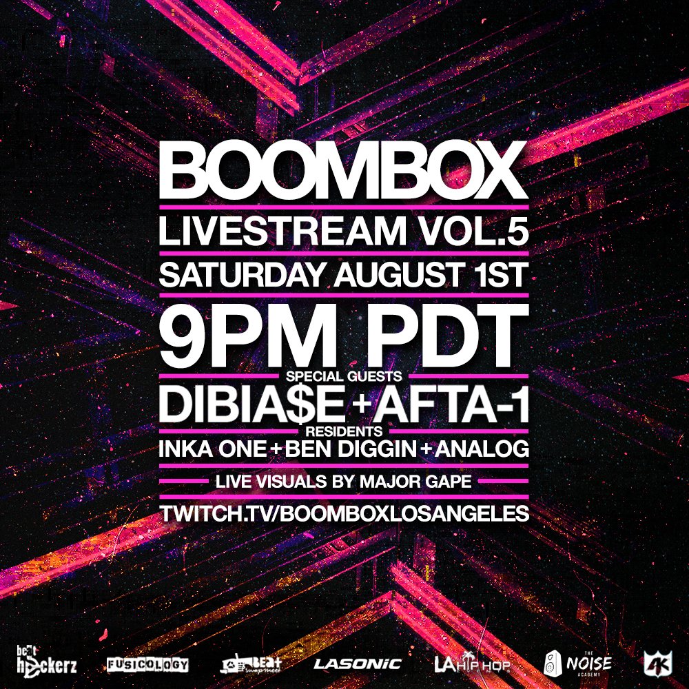 [SATURDAY] LIVESTREAM VOL. 5 with special guests <a href="/DAREALDIBIASE/">Dibiase</a> + <a href="/_AFTA1/">A F T A 1</a>!! it's been far too long since we hit you with some live beat freshness. 2 heavyweight live sets + all 3 residents + visuals by <a href="/MAJORGAPE/">MajorGape</a> = a vibe-heavy saturday night. LIVESTREAM: twitch.tv/boomboxlosange…